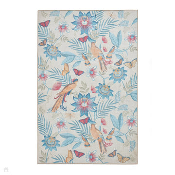 Washable Catherine Lansfield Amaya Tropical Birds Lightweight Printed Polyester Flatweave Beige/Sky Blue/Crimson Red Rug-Think Rugs-Rug Love - The Most Loved Rug Store